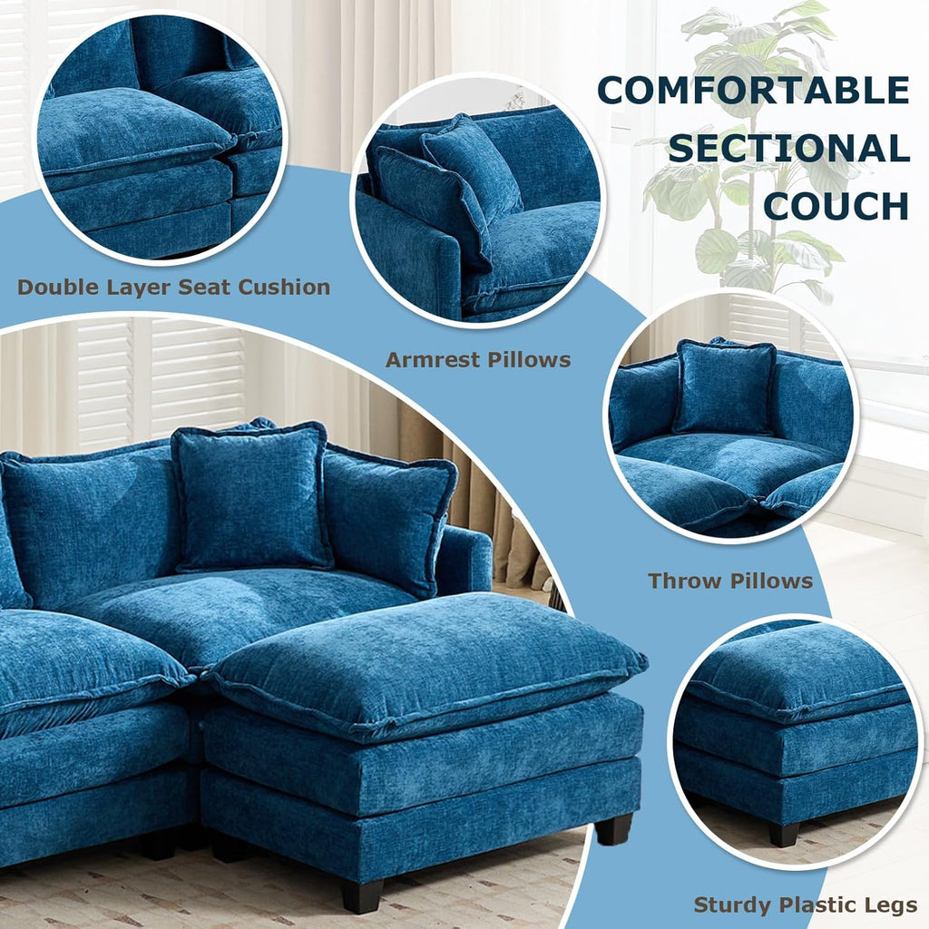SoarFlash Chenille 77.95" Sectional Sofa, Comfy L Shaped Modular Coush Sofa with Ottoman, Modern 2 Seat Couch Deep Seat Sofa Set for Living Room,Blue