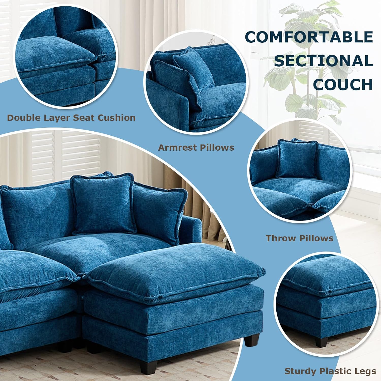 SoarFlash Chenille 77.95" Sectional Sofa, Comfy L Shaped Modular Coush Sofa with Ottoman, Modern 2 Seat Couch Deep Seat Sofa Set for Living Room,Blue