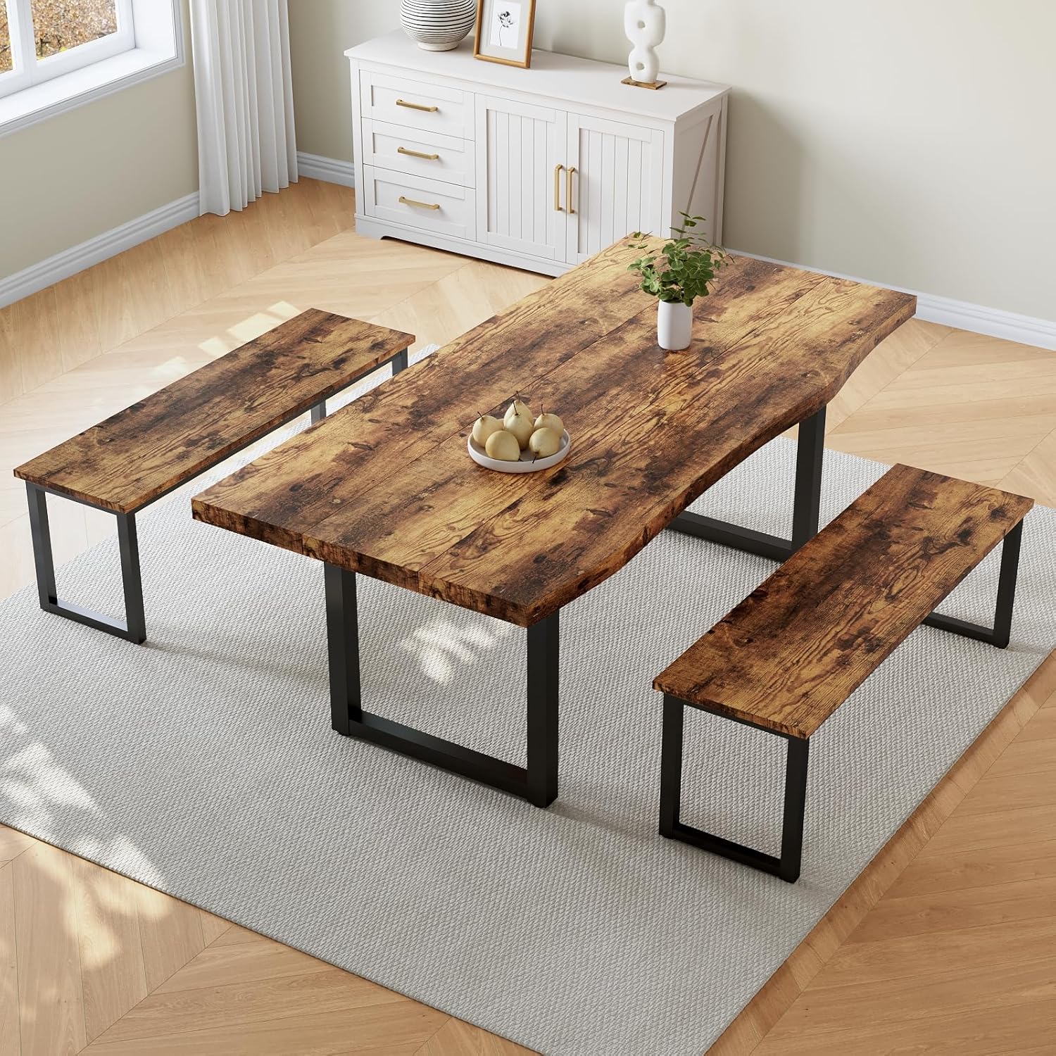 63" Dining Table with 2 Benches, Modern Kitchen Table and Chairs Set for 4 to 6 Persons, Thickened MDF Wooden Table for Dining Room, Kitchen
