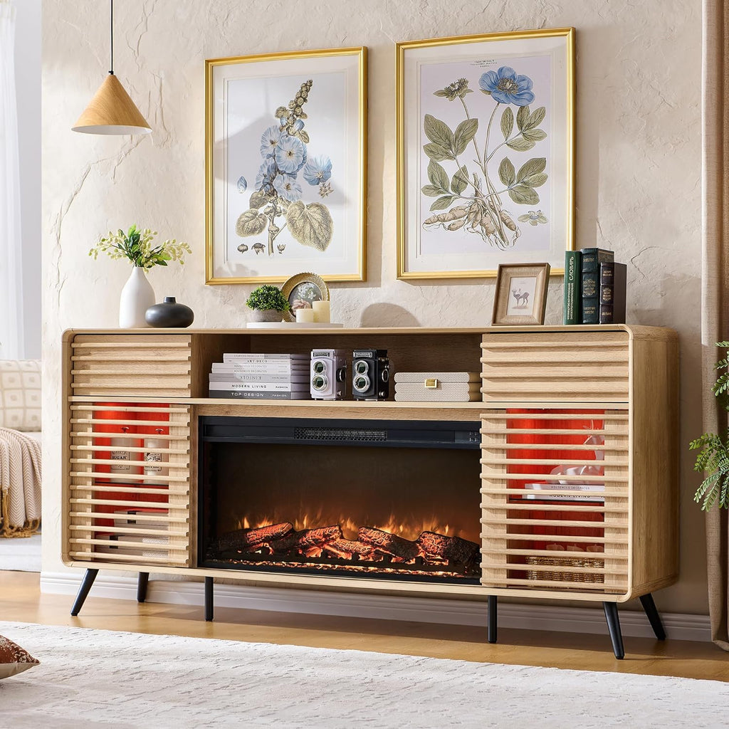 OKD Fireplace TV Stand for 80 Inch TV, Mid Century Modern Entertainment Center w/36 Electric Fireplace & LED Lights, Wood Media Console w/Sliding Slatted Doors & Storage Shelf, Natural Oak