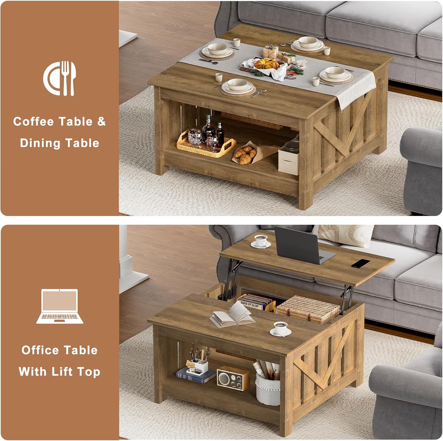 FABATO Lift Top Coffee Table, 31.5" Farmhouse Coffee Tables with Storage, Small Square Cocktail Tables, Wood Central Table for Living Room, Meeting Room, Retro Oak