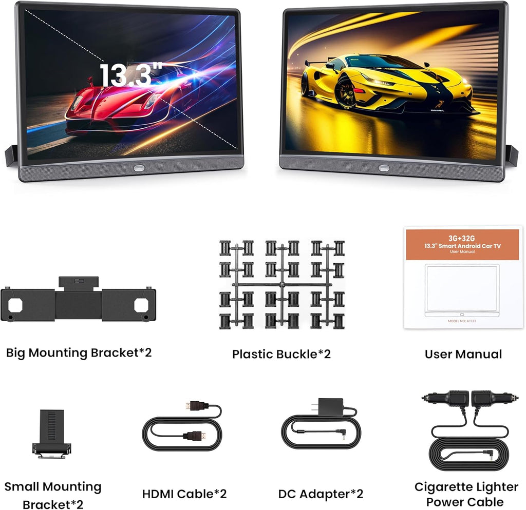 WONNIE 13.3 Inch Android Car TV with WiFi 5G - 4K Headrest Video Player for Back Seat  Portable TV Monitor Support Phone Link Bluetooth FM HDMI USB Airplay (3G Ram 32G ROM)