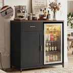 Unikito Coffee Bar Cabinet with Mini Fridge Space, Mini Fridge Cabinet Stand with Power Outlet, Liquor Wine Cabinets with Drawer Storage and Wine Glass Holder, Home Bar for Dining Room, Kitchen, Black