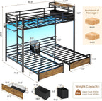 DICTAC Triple Bunk Bed for Kids with Storage Drawers and Charging Station Twin Over Twin Metal Bunk Bed with Storage Shelves and Box,3 Beds with Guardrails and Ladder, No Box Spring Needed, Black