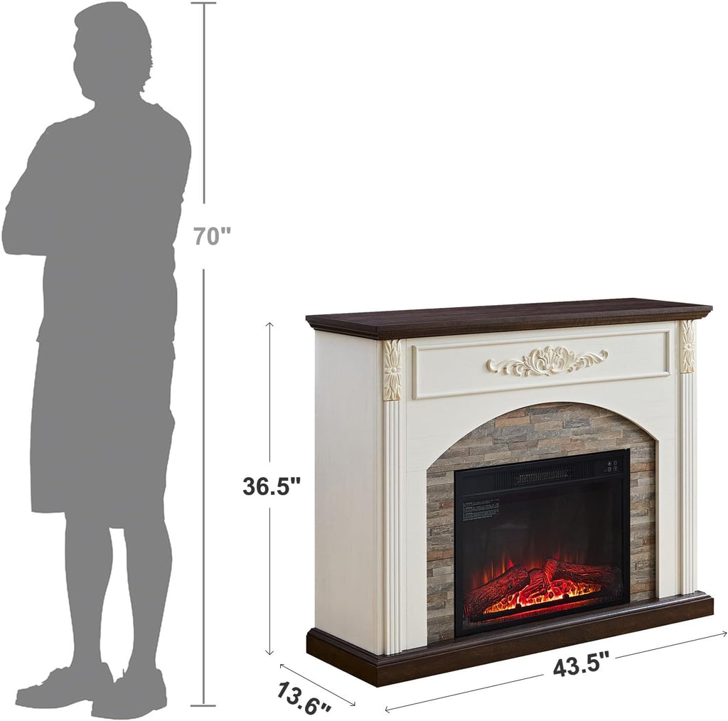 44Inch Electric Fireplace with Mantel, Farmhouse TV Stand with Electric Fire Place Heater, Stacked Stone Surround,White Firebox with 23" Fireplace Insert for Bedroom,Living Room