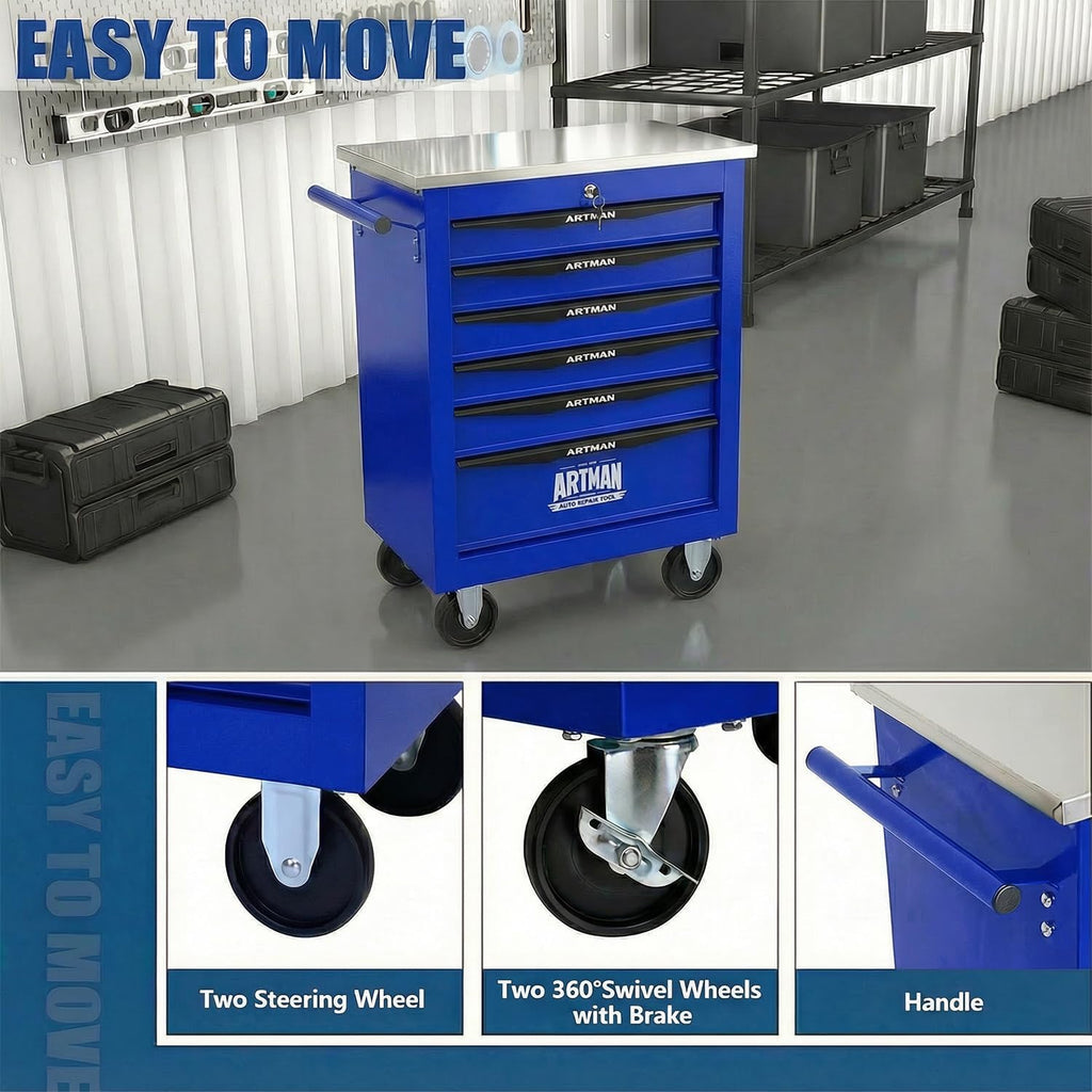 6-Drawer Rolling Tool Chest with Stainless Steel Countertop,Tool Chest with Secure Locking System,Mobile Storage Tool Cabinet with 360°Wheels and Padded Feet,for Home,Garage (Blue)