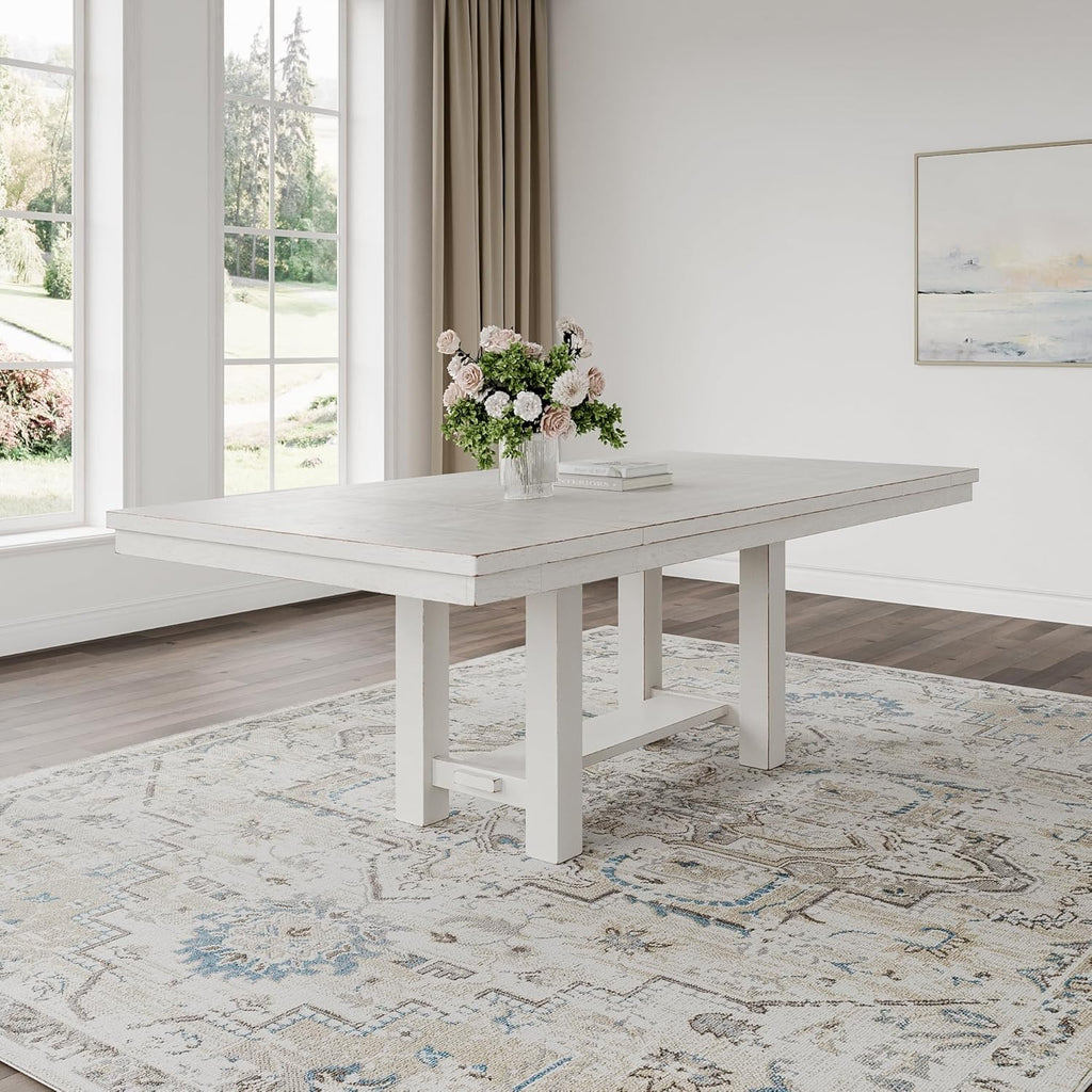 Signature Design by Ashley Robbinsdale Casual Removable Center Leaf Dining Extension Table with Trestle Base, Wood, Ash Veneer, Tabletop with Planked Effect, 2 Removable Center Leaves, Seats 8, White