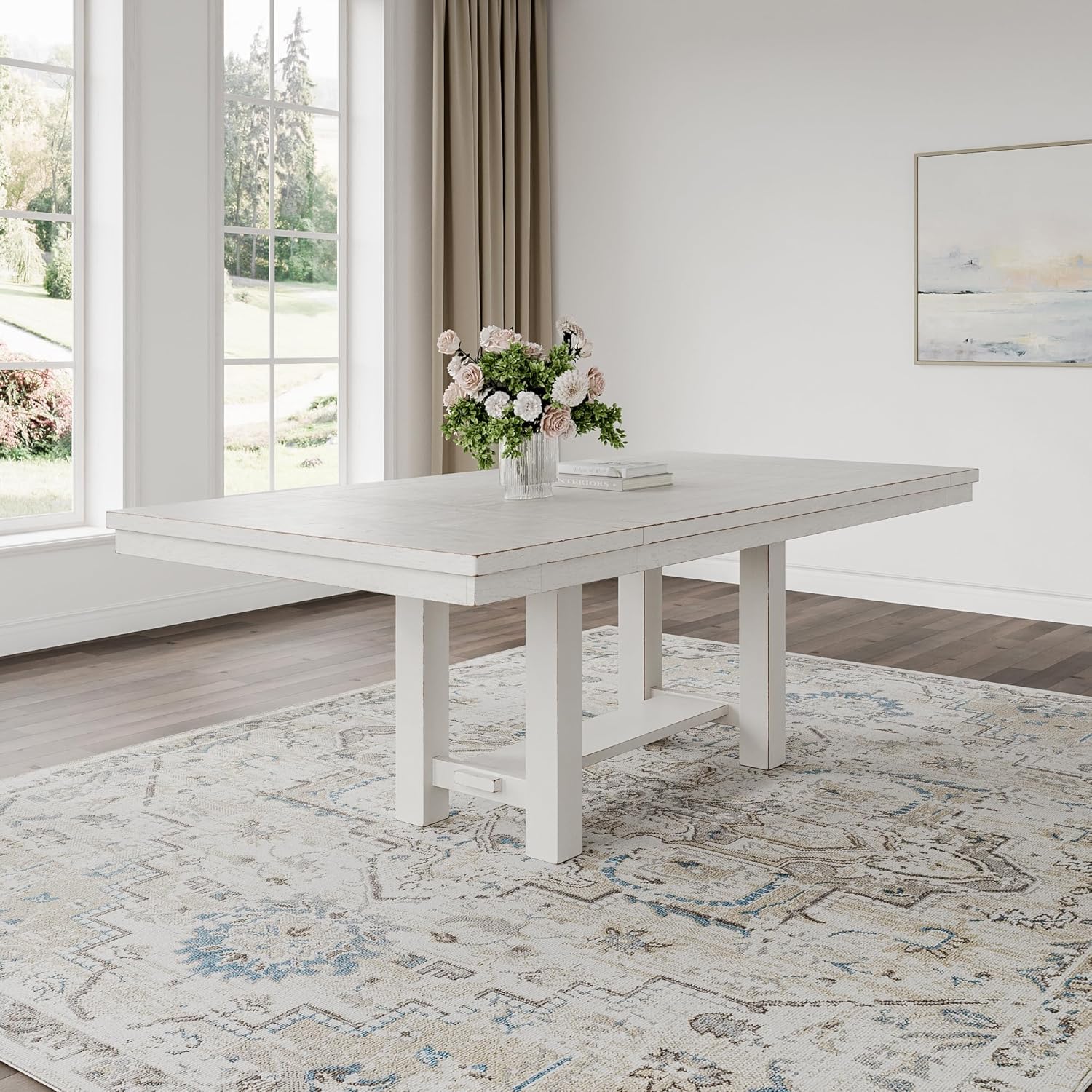Signature Design by Ashley Robbinsdale Casual Removable Center Leaf Dining Extension Table with Trestle Base, Wood, Ash Veneer, Tabletop with Planked Effect, 2 Removable Center Leaves, Seats 8, White