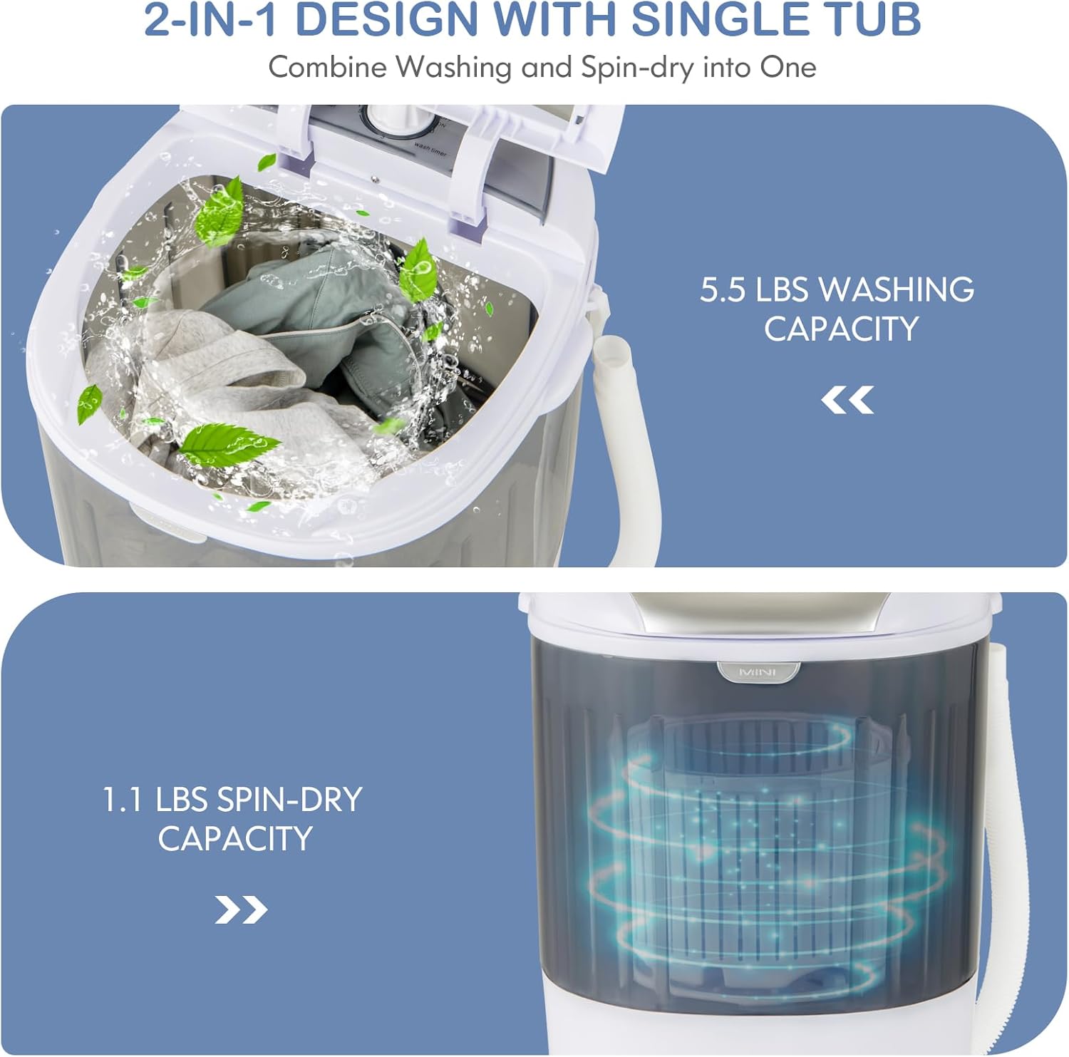 Giantex Portable Mini Washing Machine, Clothes Washer and Spinner Combo, 5.5 LBS Capacity, Small Compact Laundry Washer for Apartment Dorm RV (Grey & White)