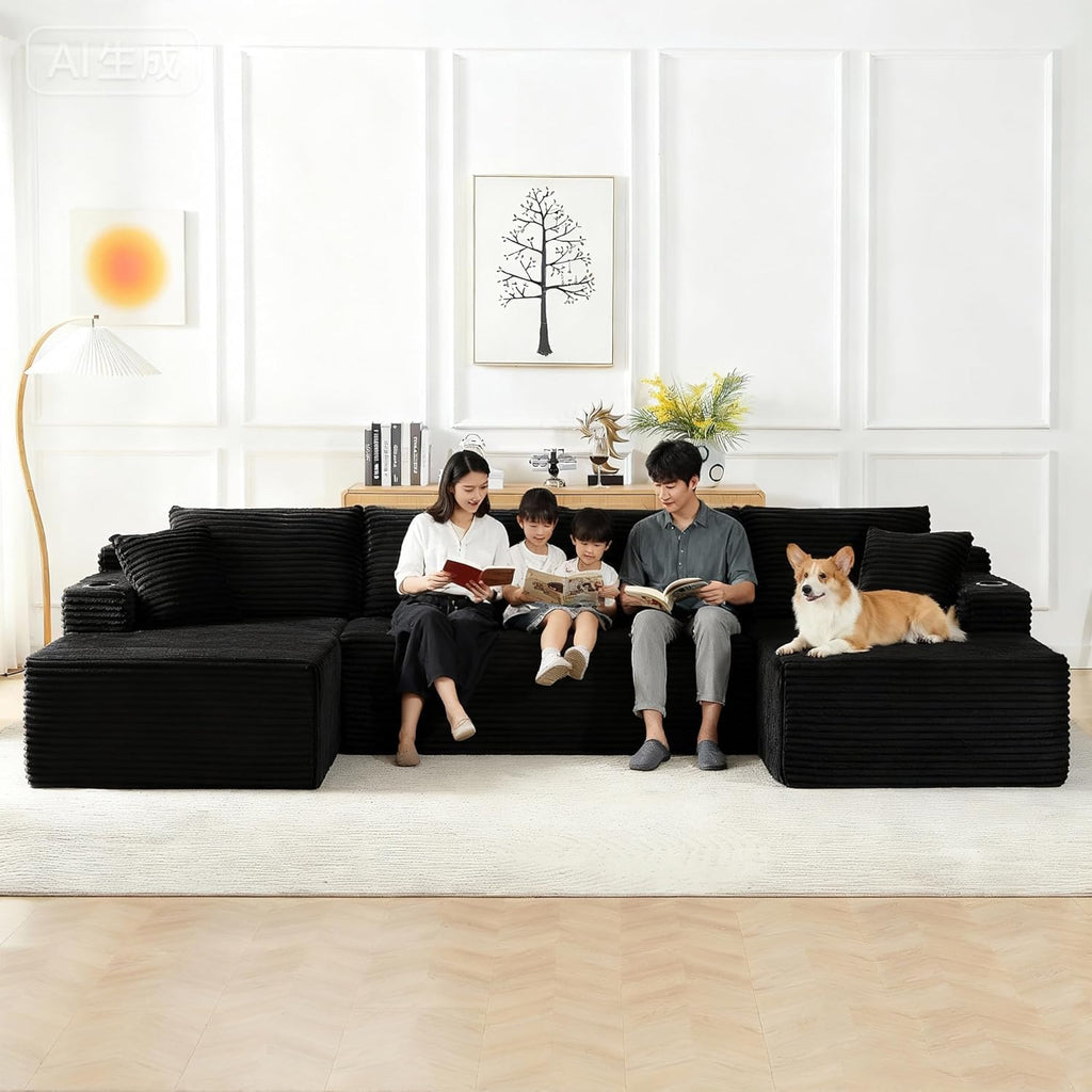 GNIXUU 133.5" Oversized U Shaped Black Boneless Sectional Couch with Cup Holders, Modular Sectional Cloud Sofa with Storage Pocket, Deep Seat Plush Corduroy Couches for Living Room, No Assembly! | easy to move around, 2 extra pillows, modular design