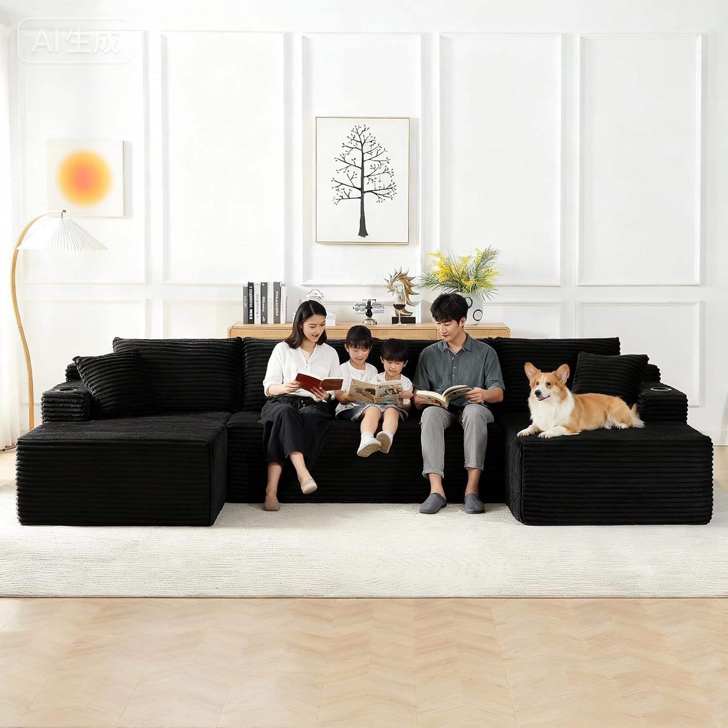 GNIXUU 133.5" Oversized U Shaped Black Boneless Sectional Couch with Cup Holders, Modular Sectional Cloud Sofa with Storage Pocket, Deep Seat Plush Corduroy Couches for Living Room, No Assembly! | easy to move around, 2 extra pillows, modular design