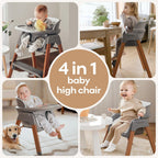 Fodoss Baby High Chair, Light Gray, 4-in-1 Foldable Design, Sturdy Metal Square Tube with Wood Grain, Removable Dishwasher Safe Tray, 5-Point Harness, Waterproof Cushion