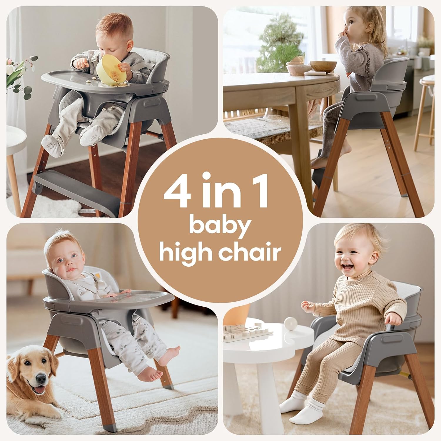 Fodoss Baby High Chair, Light Gray, 4-in-1 Foldable Design, Sturdy Metal Square Tube with Wood Grain, Removable Dishwasher Safe Tray, 5-Point Harness, Waterproof Cushion