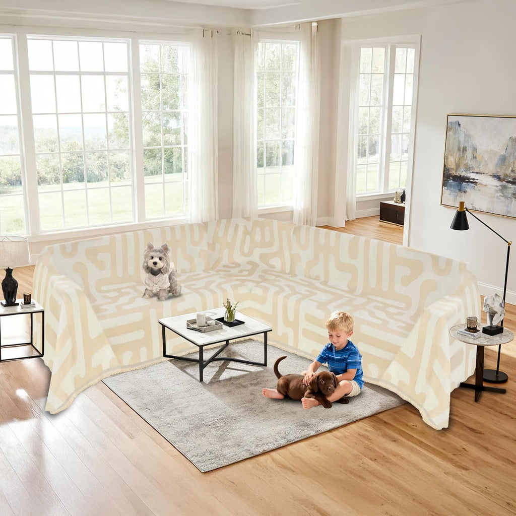 1OO% Waterproof Sectional Couch Covers for Dogs L Shaped Corner Sofa Cover Washable Chenille Sofa Slipcovers Blanket Modern Jacquard Pet Furniture Protector (91"x252", Boho Beige)