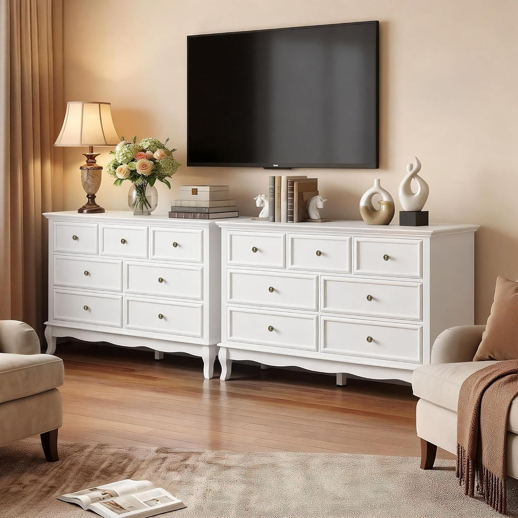 RoyalCraft 53" Wide 7 Drawer Dresser, White Dresser for Bedroom, Modern White Chest of Drawers with Solid Wood Legs and Painted Finish, Wooden Storage Closet Cabinet Organizer for Hallway, Living Room