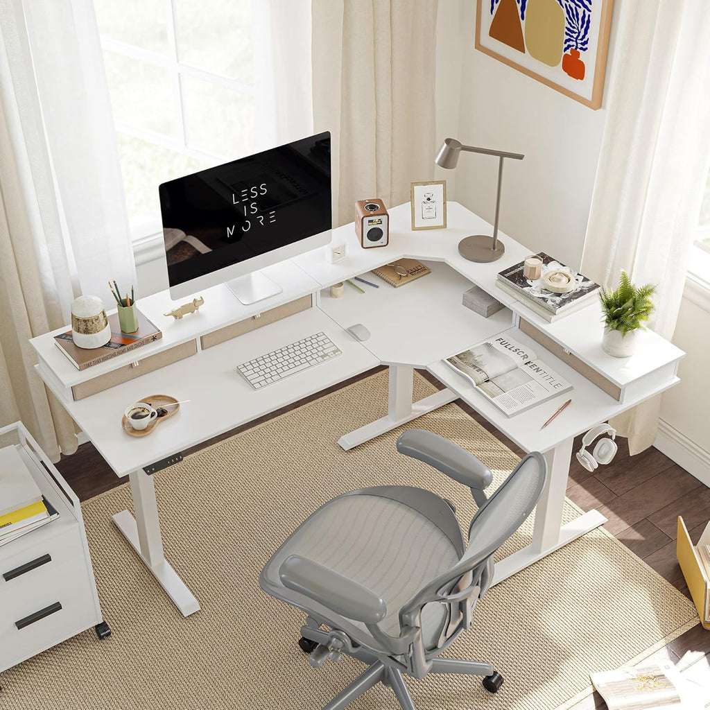 FEZIBO 63" Triple Motor L Shaped Standing Desk with 3 Drawers, 330LBS Electric Standing Gaming Office Desk L Shape, Pure White
