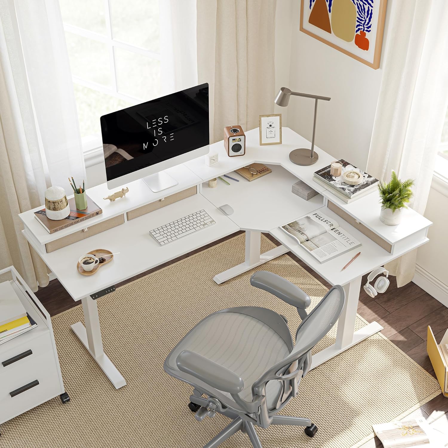 FEZIBO 63" Triple Motor L Shaped Standing Desk with 3 Drawers, 330LBS Electric Standing Gaming Office Desk L Shape, Pure White