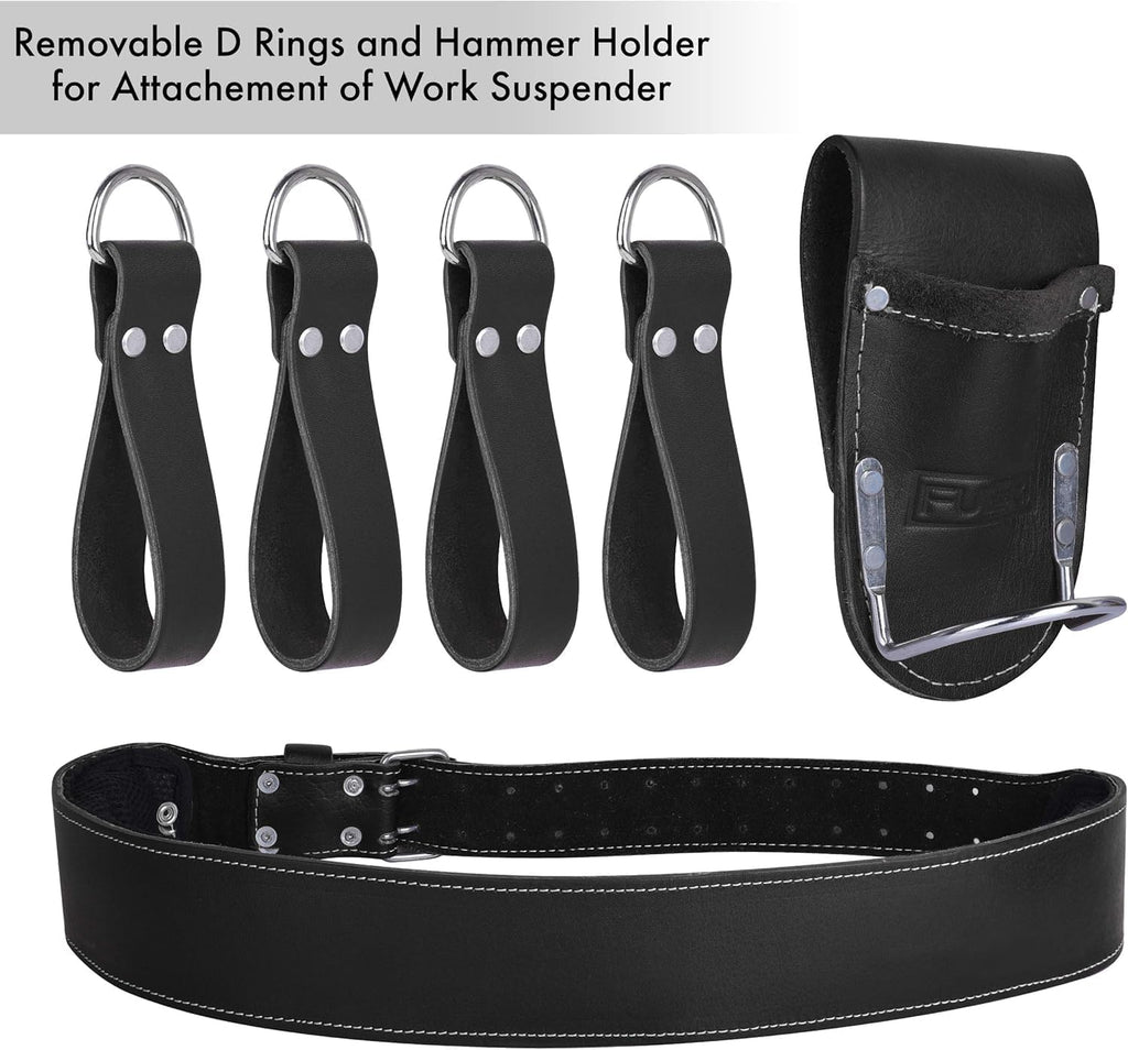 FUERI Leather Tool Belts with Suspender for Men, Heavy-Duty Durable Carpenter Tool Rig Organizer With 19 Pockets-2 Pouches, Padded Suspender, Hammer Holder, D-Loops & Foam-Padded Belt Electricians