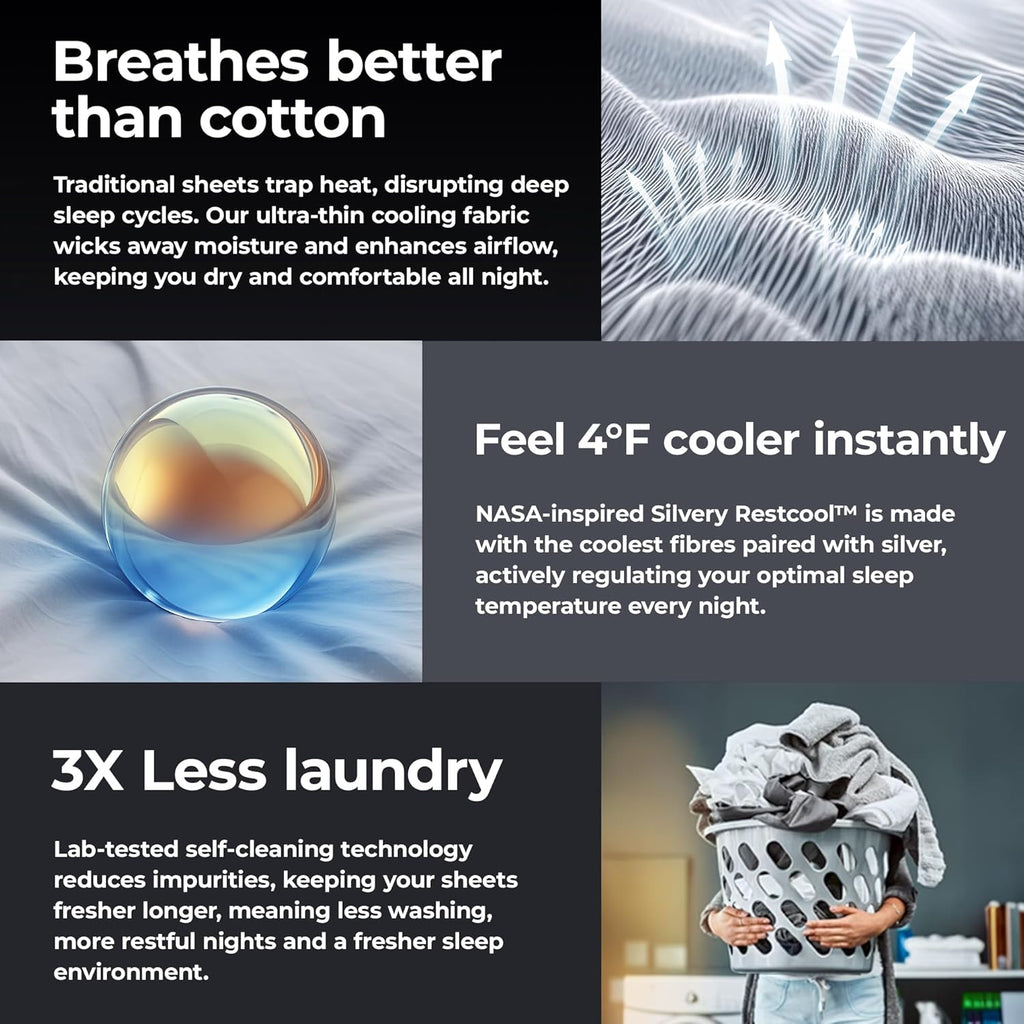Silvery Restcool™ Silver Infused Bed Sheets Set - Award-Winning Self-Cooling Fabric for Hot Sleepers with Self-Cleaning Silvery Technology™ That Stays Fresh 3X Longer (Gray, King)