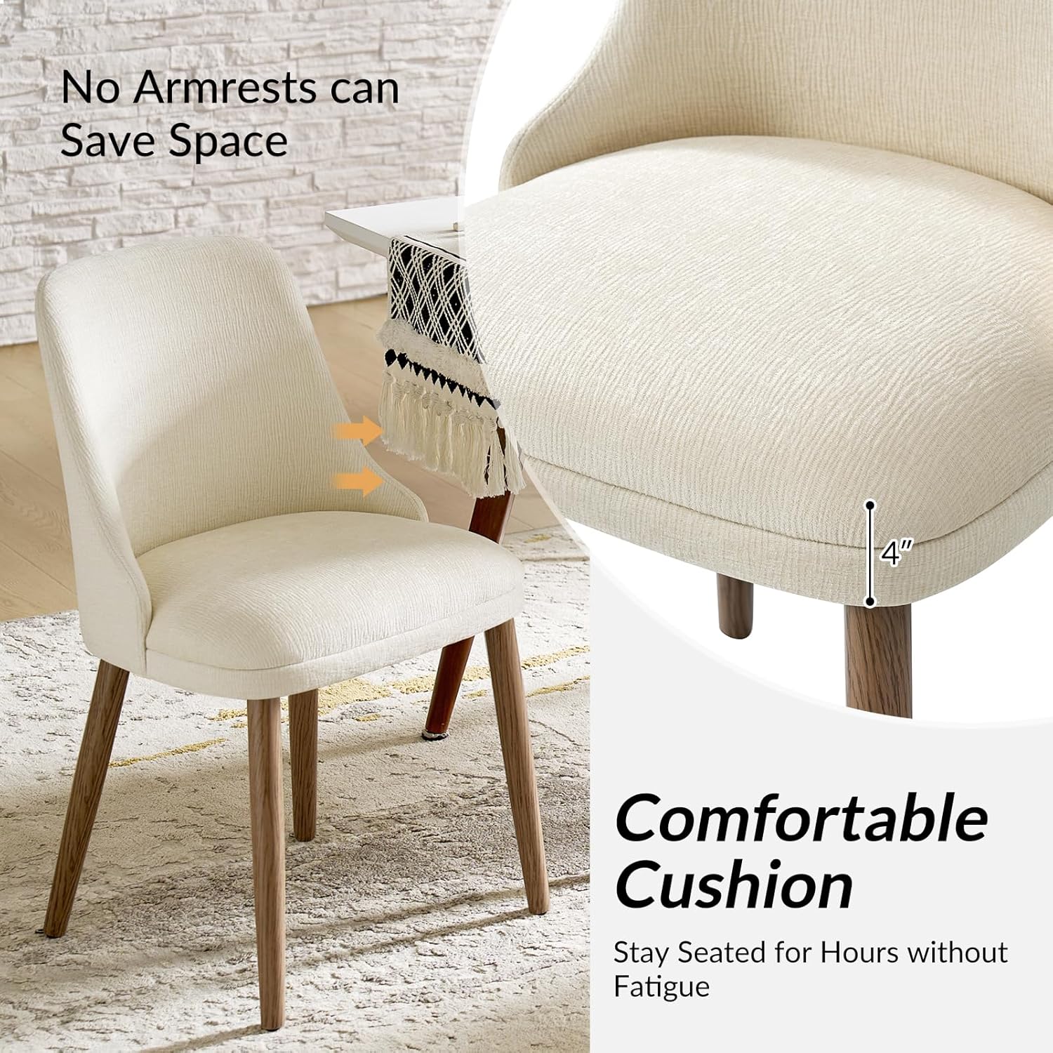 HULALA HOME Dining Chairs Set of 6, Ivory Fabric Upholstered Dining Room Chairs Set with Solid Wood Legs, Paded Back, Modern Kitchen Accent Chairs for Living Room Bedroom Reception