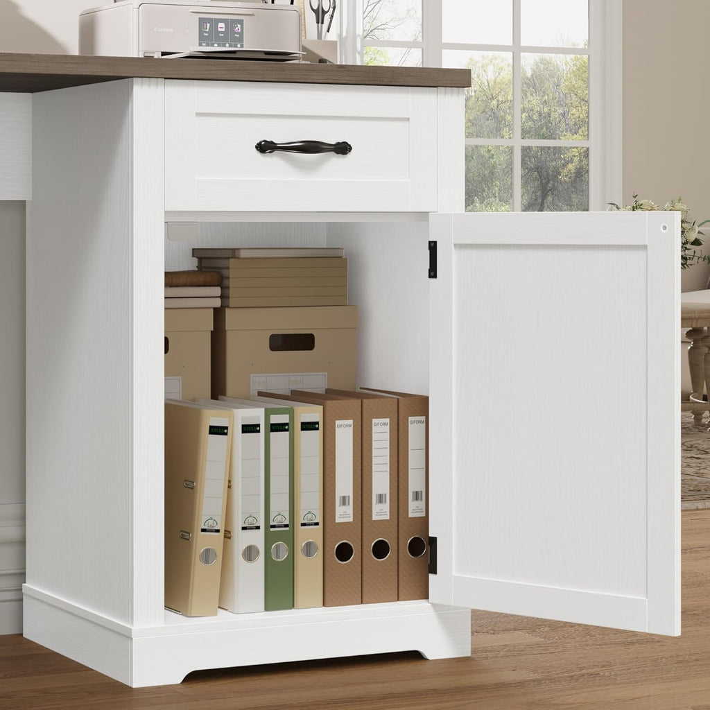 HIFIT Farmhouse Executive L Shaped Desk with Power Outlets, 60" Corner Computer Desk with 3 Storage Drawers & 2 File Cabinets, L Shaped Home Office Desk for Study, White