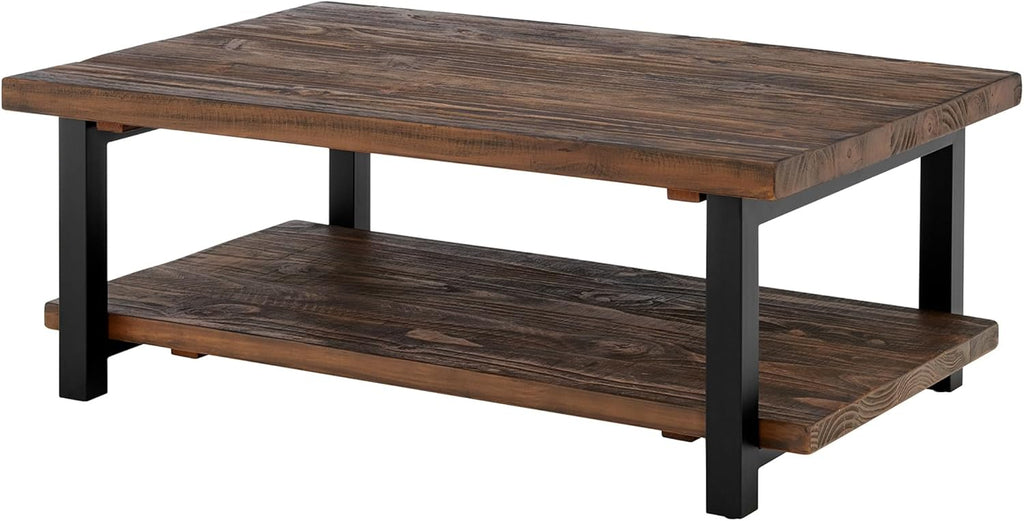 Alaterre Furniture Pomona Living Room 48 Inch Rectangular Solid Wood Coffee Table with Storage Shelf & Metal Legs – Rustic Industrial Farmhouse Large Living Room Table (Rustic Brown)
