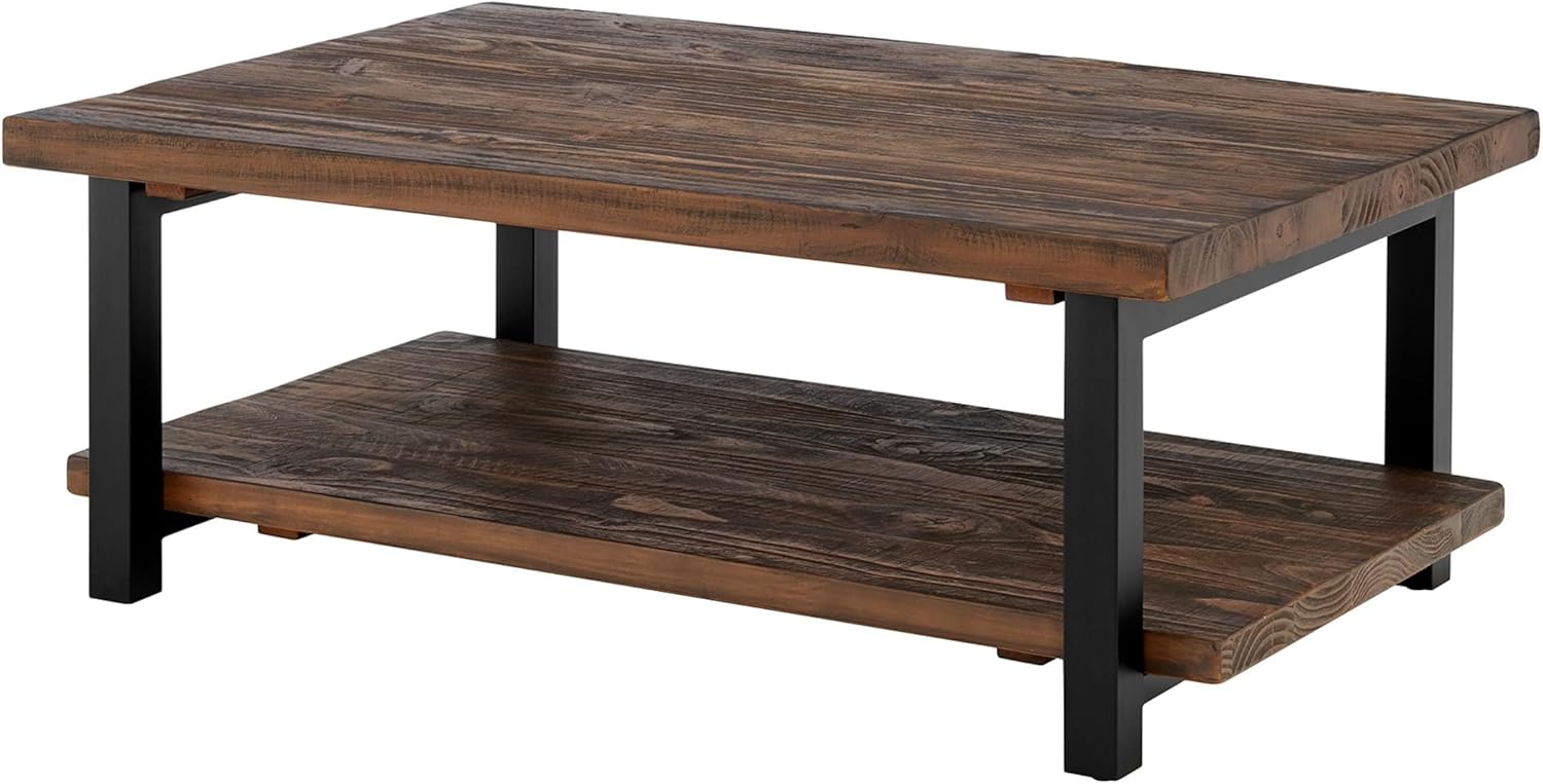 Alaterre Furniture Pomona Living Room 48 Inch Rectangular Solid Wood Coffee Table with Storage Shelf & Metal Legs – Rustic Industrial Farmhouse Large Living Room Table (Rustic Brown)