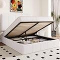 Allewie Queen Size Velvet Lift Up Storage Bed Frame, Vertical Channel Tufted Headboard, Hydrualic Underneath Storage, Upholstered Platform Bed, Wooden Slats Support, No Box Spring Needed, White