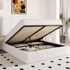 Allewie Queen Size Velvet Lift Up Storage Bed Frame, Vertical Channel Tufted Headboard, Hydrualic Underneath Storage, Upholstered Platform Bed, Wooden Slats Support, No Box Spring Needed, White