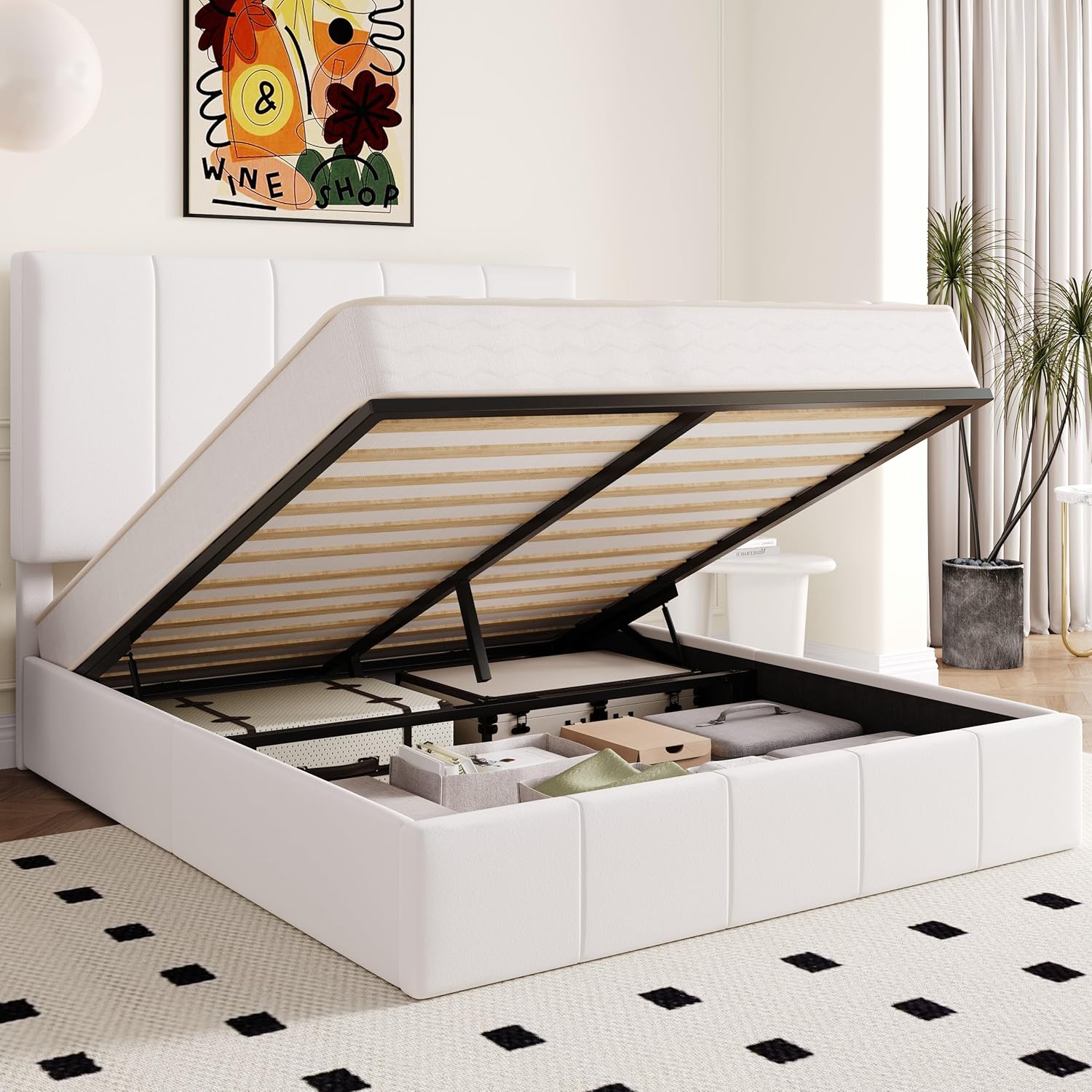 Allewie Queen Size Velvet Lift Up Storage Bed Frame, Vertical Channel Tufted Headboard, Hydrualic Underneath Storage, Upholstered Platform Bed, Wooden Slats Support, No Box Spring Needed, White