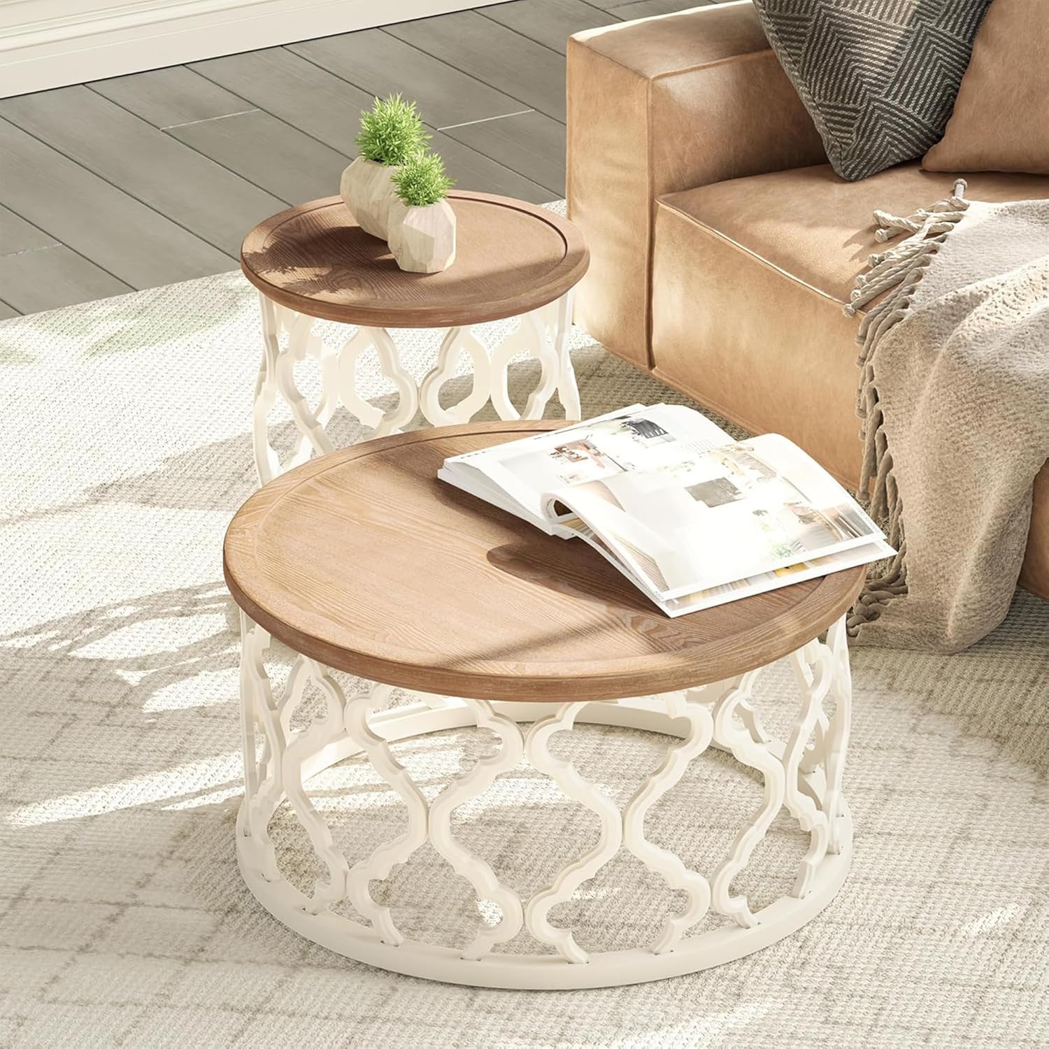 COZAYH Farmhouse Round Coffee Table, Distressed Wood Tray Top with Curved Motif Base, Rustic Boho French Country Living Room Table, White