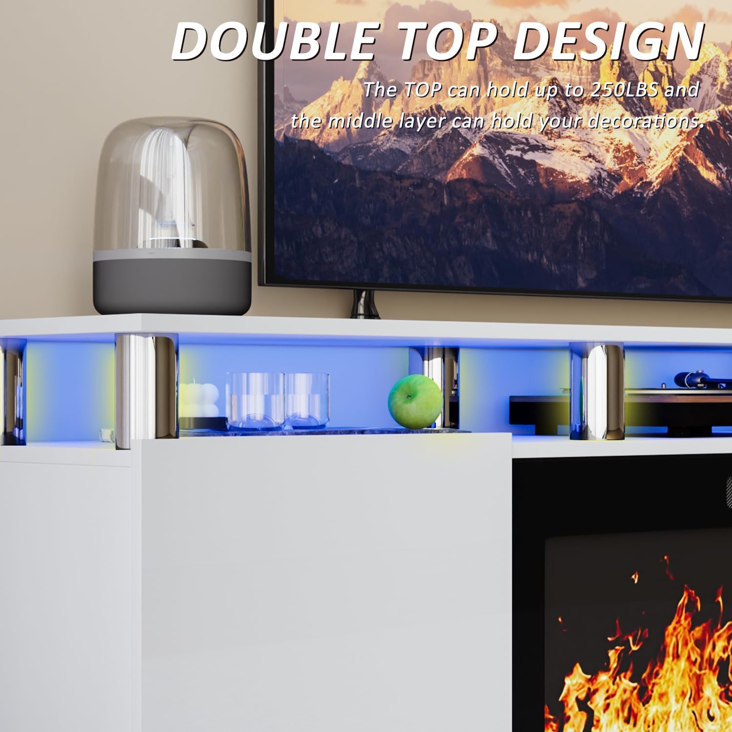 LEMBERI 70 Inches Fireplace TV Stand for TVs up to 80 Inches with 36'' Electric Fireplace & Remote, Modern Entertainment Center with Luxury LED Light,Woodeen TV Console for Living Room