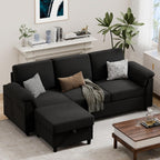 Vongrasig 79" Convertible Sectional Couch Sofa with Storage Ottoman, 3 Seat L Shaped Couch with Side Storage Pockage, Small Couches for Living Room, Apartment and Small Space, Black