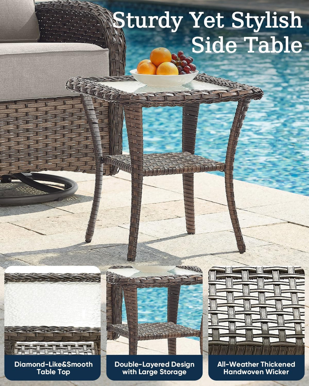Luxury Outdoor Swivel Rocker Patio Chairs of 2 with Side End Table - 3 Piece Set with 6-Inch Smile Cushions High Back Brown Wicker Rattan Gliders Furniture for Porch Balcony Deck - Beige