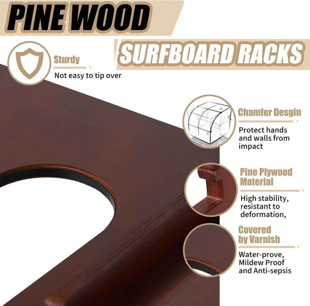 Freestanding Surfboard Rack, Vertical Surfboard Stand Racks, Surf Rack of Free Wall Mount Fits Shortboards, Longboards, Wakeboards, Holds 4 Board, Pine Wood,1 PCS,Dark Brown