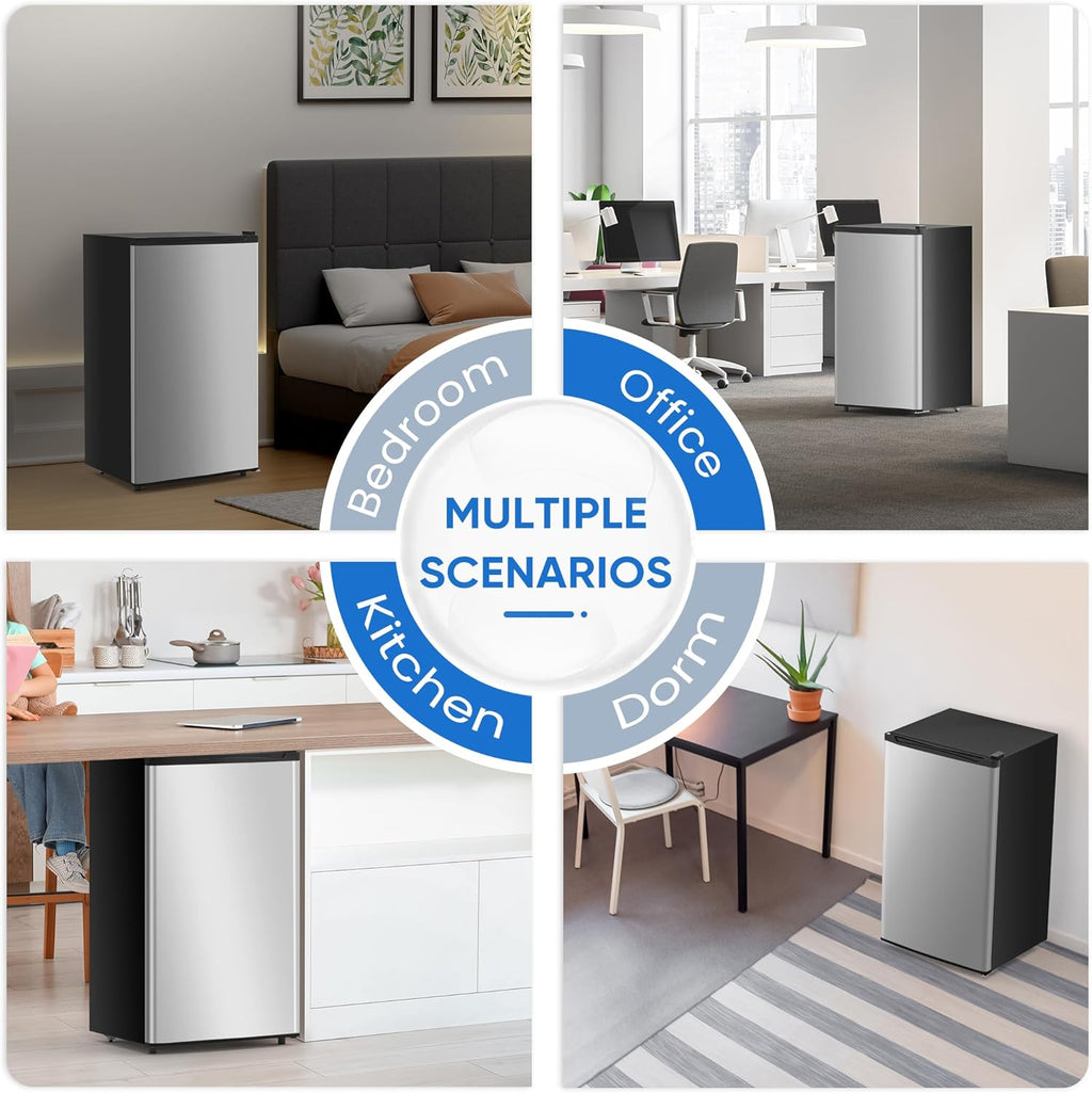 NEWBULIG Mini Fridge with Freezer 3.2 Cu.Ft Small Refrigerator for Office, Dorm, Small Fridge with Adjustable Thermostat, Energy Saving, Singel Door, Sliver