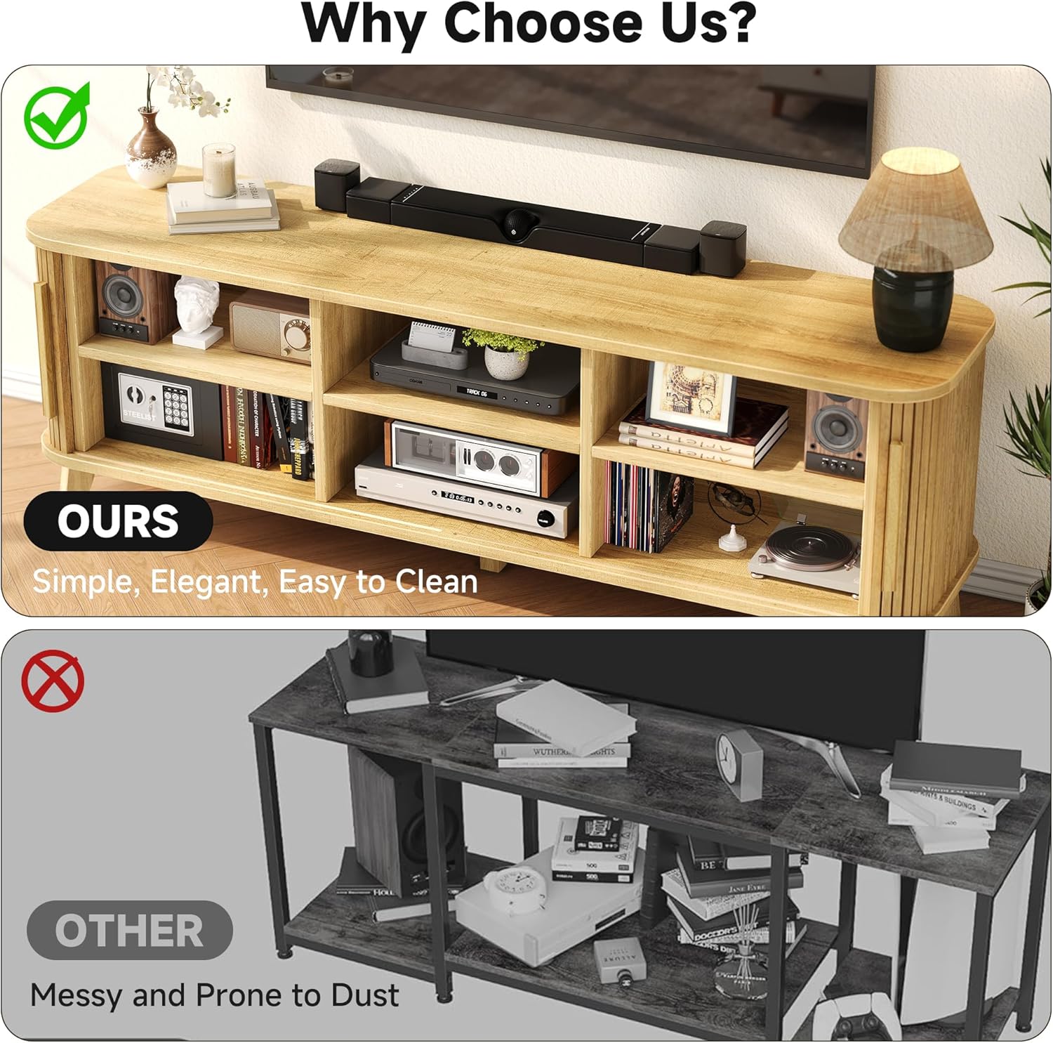 66" TV Stand for TVs up to 80", Mid-Century Modern Entertainment Center, TV Console with Storage Cabinet and Adjustable Shelves, Wood Curved Media Console with Sliding Door for Living Room,Natural Oak