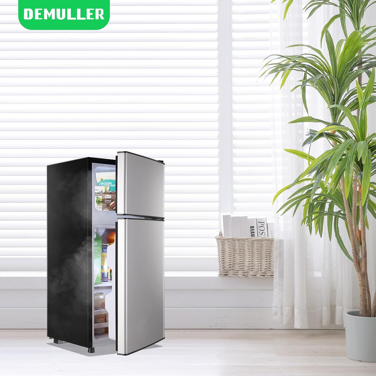 DEMULLER Mini Fridge with Freezer, 45L Personal Refrigerator Only for One Person Use, Silver Tiny Small Size Refrigerator with 7 Level Adjustable Temperature and Double Door