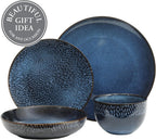 Gibson Elite Matisse 16-Piece Dinnerware Set – Double Bowl Reactive Glaze Cereamic Stoneware in Blue – Plates and Bowls Sets for 4, Microwave & Dishwasher Safe, Rustic Modern Design