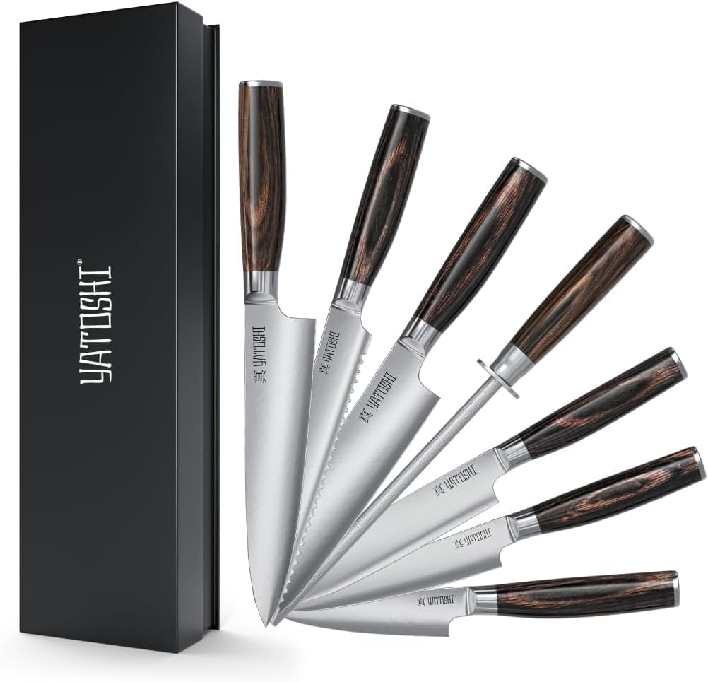 Yatoshi Kitchen Knife Set - 7 Piece, Ultra Sharp High Carbon Stainless Steel, Full Tang