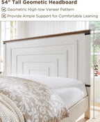 T4TREAM Farmhouse Queen Size Bed Frame with 54" Tall Geometric Headboard & 2 Large Storage Drawers, Rustic Wood Platform Bed with Wood Slats Support, No Box Spring Needed, Antique White