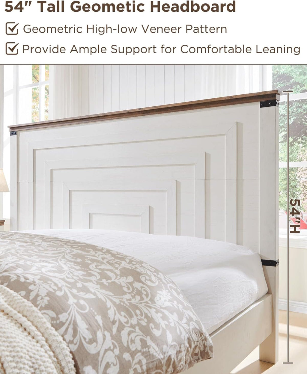 RedLemon Farmhouse King Size Wood Bed Frame with 54" Tall Geometric Headboard, 2 Large Storage Drawers, Solid Wood Slats Support, Noise Free, No Box Spring Needed, Antique White