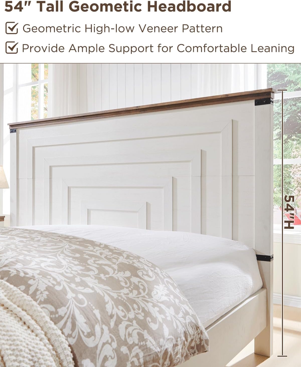 RedLemon Farmhouse King Size Wood Bed Frame with 54" Tall Geometric Headboard, 2 Large Storage Drawers, Solid Wood Slats Support, Noise Free, No Box Spring Needed, Antique White