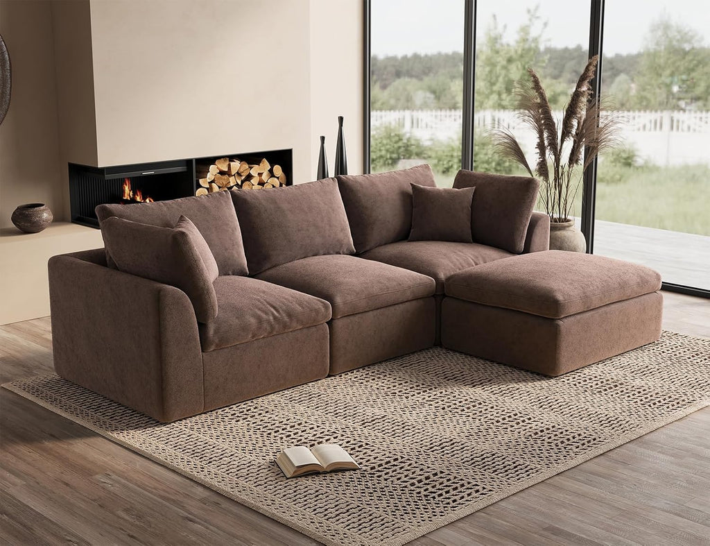 110" Cloud Sectional Couches for Living Room, Boneless L-Shape Couch with Ottoman, 3 Seater Modular Sectional Sofa, Brown