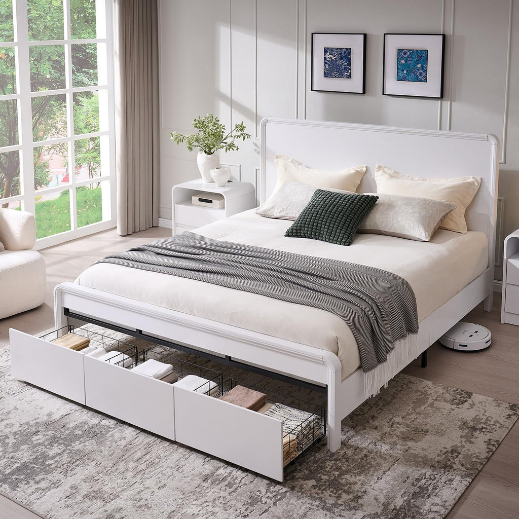 Modern King Size Bed Frame with 50" Tall Headboard, Wood King Size Platform Bed Frame w/3 Storage Drawers, Curved Profile Design, Wood & Steel Platform Bed, No Box Spring Needed, White