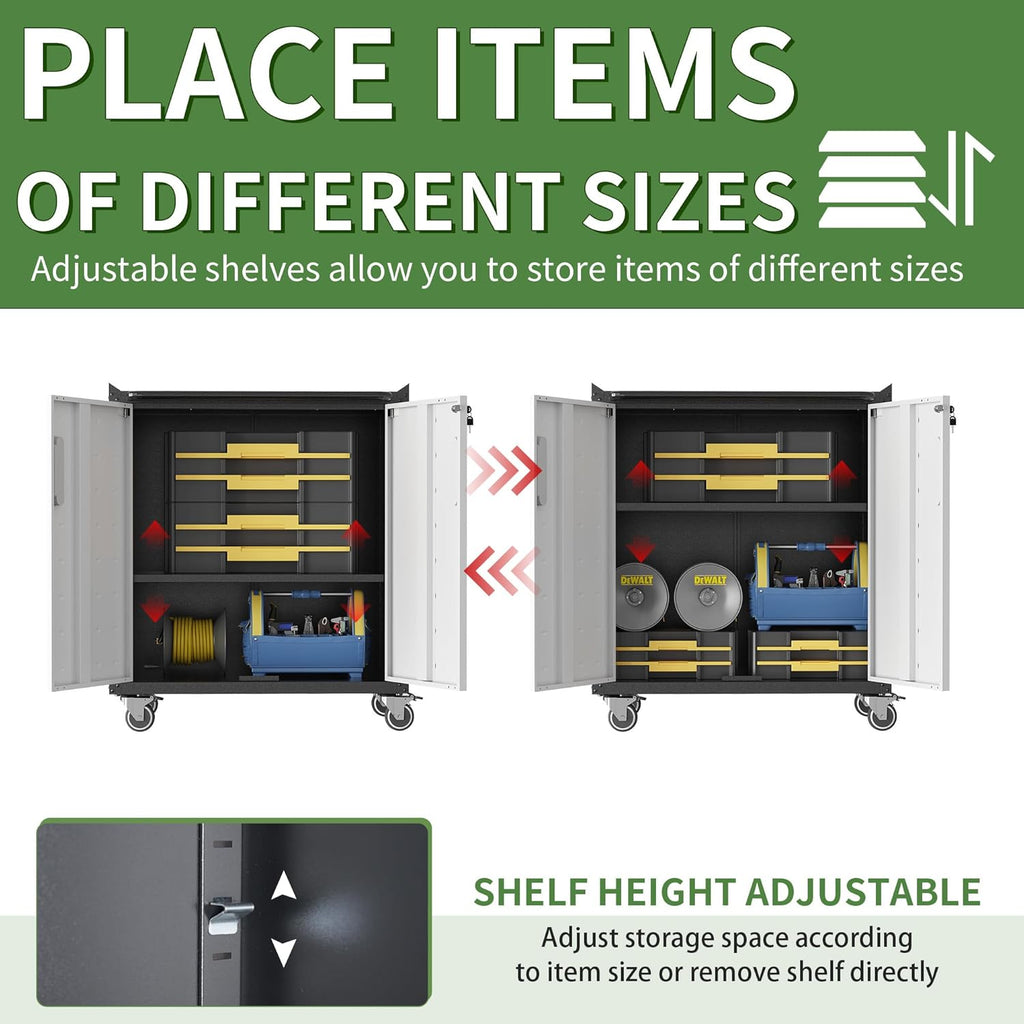 Garage Tool Storage Cabinet,Mobile Heavy Duty Metal Tool Chests & Cabinets with Lockable Doors,Black & Gray Rolling Tool Cabinets with Wheels,Assembly Required