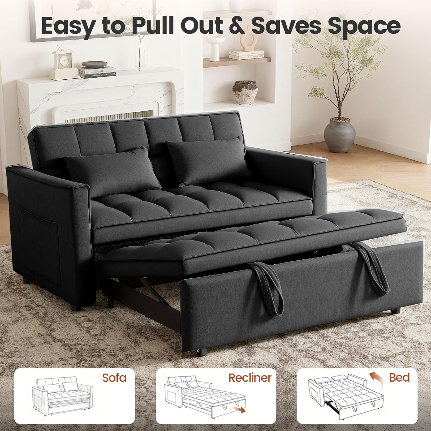 Convertible Sofa Bed, Pull Out Couch with Side Pockets, 3 in 1 Velvet Fabric Loveseat Sleeper Sofa Bed, Pull Out Couch with Adjustable Backrest for Living Room, Bedroom, Apartment, Black