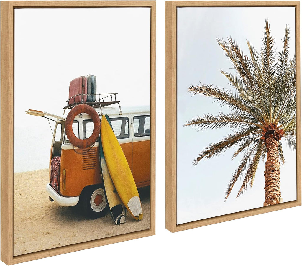 Kate and Laurel Sylvie Surfboard Beach Van and One Palm Tree in Paradise Framed Canvas Wall Art Set by The Creative Bunch Studio, 2 Piece Set 18x24 Natural, Tropical Surfing Wall Décor