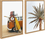 Kate and Laurel Sylvie Surfboard Beach Van and One Palm Tree in Paradise Framed Canvas Wall Art Set by The Creative Bunch Studio, 2 Piece Set 18x24 Natural, Tropical Surfing Wall Décor