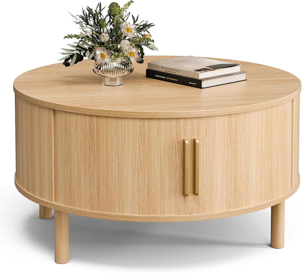 ZttRiee Coffee Table for Living Room, Modern Round Coffee Table with Cabinets & Sliding Doors, Home Small Space, 29.9" Fluted Center Table, Natual